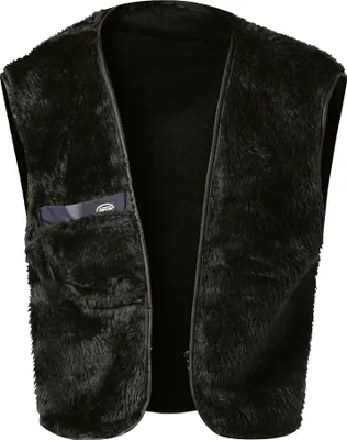 A black fleece vest is shown laid flat against a white background.