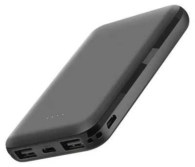 A black power bank is shown from a diagonal angle against a white background.