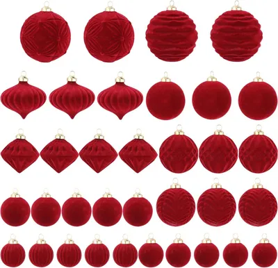 Productafbeelding van Fluwelen kerstballen - Set van 35 - Kunststof kerstboomversieringen rood - Kerstdecoratie - Tedere kerstversieringen
