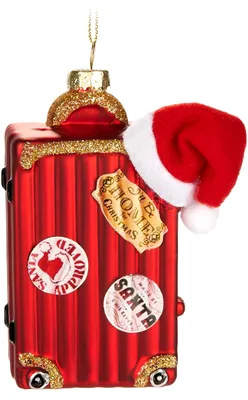 Produktbild von BRUBAKER Koffer vom Weihnachtsmann - Handbemalte Weihnachtskugel aus Glas - 12 cm Baumkugel Weihnachtskoffer Rot mit Weihnachtsmütze Christbaumschmuck