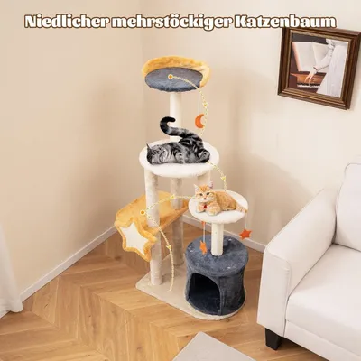 Zdjęcie produktu dla Drapak dla kota z jaskinią dla kota i pluszowym siedziskiem oraz zabawkami, zabawkami i platformami 60 x 41 x 128 cm