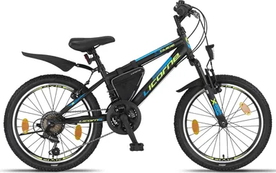 A black mountain bike with blue and lime green accents, shown against a white background.