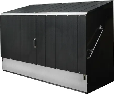 A black and silver outdoor storage box with a sloped roof and a ramp is shown against a white background.