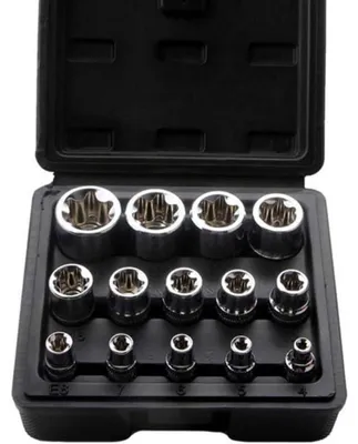 Productafbeelding van 14-delige set elektrische Torx-doppelsleutels, maten E4-E24, gemaakt van chroom-vanadiumstaal, met opbergbox