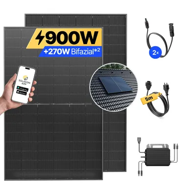 Produktbild von Balkonkraftwerk 900W Solaranlage mit Ziegeldach Halterung (Paarmontage) Steckerfertig Komplettset Photovoltaik Anlage 800W, Kabellänge: 5m, Solakon