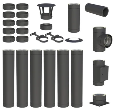 Produktbild von 7,1 m Edelstahlschornstein Ø 150 mm Komplettset doppelwandig DW-Black Bodenmontage