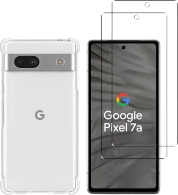 A clear, professional shot of a Google Pixel 7a phone case and two screen protectors, presented side-by-side against a white background.