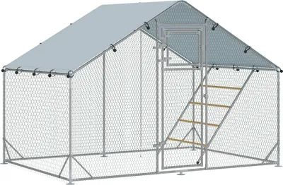 Productafbeelding van Kippenhok met ren, gemaakt van staal. Kippenren met UV-bestendige afdekking, voerluik, hangende voerbak, zitstok. Afmetingen: 300 x 200 x 195 cm