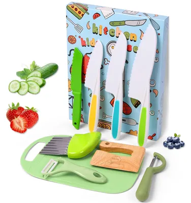 Produktbild von Kindermesser Set - 9-teiliges Sicherheits-Küchenset mit Gemüse-Ausstechformen, Holzmesser, Schneidebrett und Schäler für Kinder ab 2 Jahren