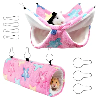 Produktbild von 2 Stück Hängematte und Tunnel Set für Meerschweinchen, Waschbar Weiches Zubehör für Frettchen, Haustierkäfig Zubehör für Hamster, Kaninchen und andere Nagetiere