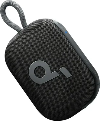 A single black portable Bluetooth speaker with a gray fabric loop on a white background.