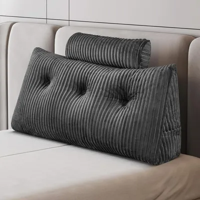 Productafbeelding van Leeskussen in wigvorm, grijs, 100 x 50 x 20 cm, met zijvak en afneembare hoes voor bed of bank