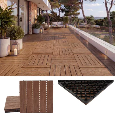 Produktbild von WPC Bodenfliese MCW-E19, Holzoptik Balkon/Terrasse, 3D-Struktur linear dunkelbraun, 4x je 50x50cm = 1qm