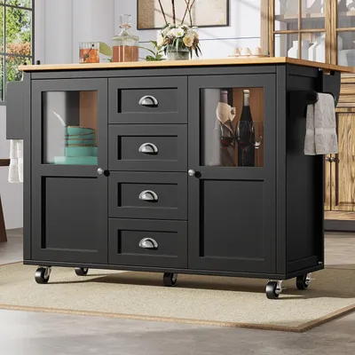 Productafbeelding van Keukeneiland, mobiele keukentrolley op wielen, 120x73x93 cm, uitschuifbare keukenkast, buffetkast met kruidenrek, handdoekhouder, 2 deuren, 4 lades, zwart