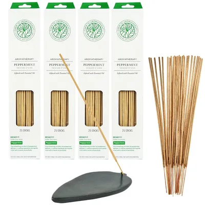 Image de Encens Aromathérapie Menthe Poivrée 100 bâtonnets incl. porte-encens en stéatite