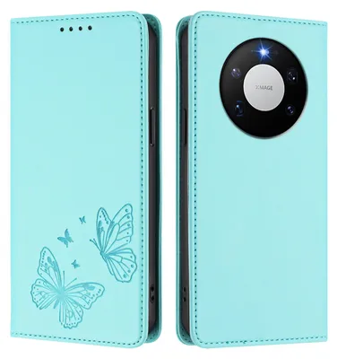 Image de Étui en cuir pour Huawei Mate 80 Pro, étui de protection type portefeuille en cuir gaufré « papillon » avec support, couleur turquoise