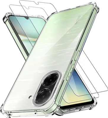 A clear protective phone case and two screen protectors are displayed diagonally against a white background.