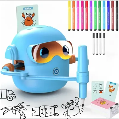 Image de Robot de dessin pour enfants - Jouet éducatif interactif - 100 cartes de dessin - Robot de dessin pour enfants - Robot de dessin interactif àvocale - Robot de dessin éducatif - Bleu