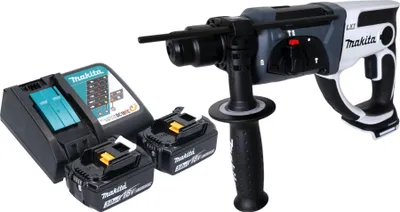 A cordless rotary hammer drill kit with two batteries and a charger, displayed against a white background.