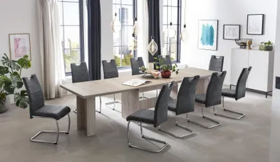 Produktbild von Hela Tische, 11tlg. Essgruppe Lia, Kulissentisch Sandeiche Nachbildung ausziehbar 160-320cm, Freischwinger Stuhl Anthrazit Chromgestell, Griff