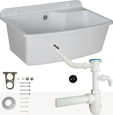 Produktbild von Waschbecken mit Siphon Ausgussbecken aus Kunststoff weißem Granit Farbe, 61 cm Länge hängen Wasserinstallation Küche Badezimmer robuste Waschtrog