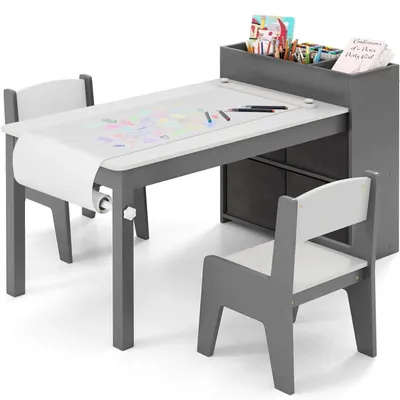 Image de Table pour enfants avec 2 chaises - Ensemble de mobilier pour enfants - 2-en-1 avec espace de rangement - Bois - À monter - Gris clair