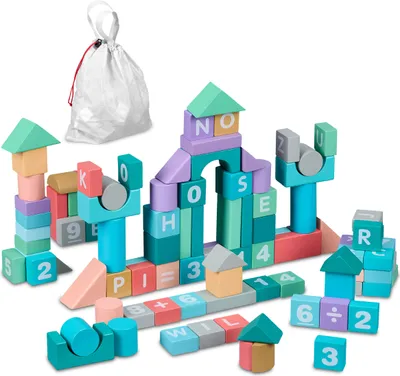Image de Relaxdays Bausteine, lot de 108 blocs de construction avec sac, lettres, chiffres, blocs en bois aux couleurs pastel, à partir de 3 ans, multicolores