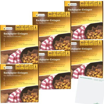 Produktbild von Heku Backpapier-Einlagen für Heißluftfritteusen 6er Pack (6x30 Stück) + usy Block