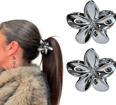 Produktbild von Schwarz Blume XXL Haarklammer 2Stk – 8 cm große Haarspangen - Haarklipse Damen Mädchen Haarschmuck Metall Hawaii Claw Clip Blume kralle Zöpfe Schmuck