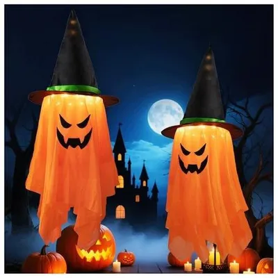 Zdjęcie produktu dla Dekoracja halloween wiszący duch z LED kapelusz czarownicy 2 szt
