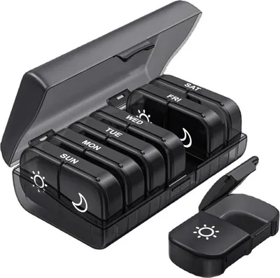 Produktbild von Tablettenbox 7 Tage Morgens Abends, Handlicher Medikamentenbox Pillendose mit gro?en F?chern & Privacy-Schutz in Schwarz