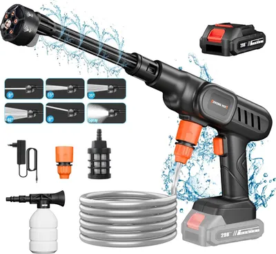 Obrázok produktu pre Prenosný vysokotlakový čistič – elektrická striekacia pištoľ – 25 bar – tryska 6 v 1 – hadica 5 m – 1x batéria 10 000 mAh
