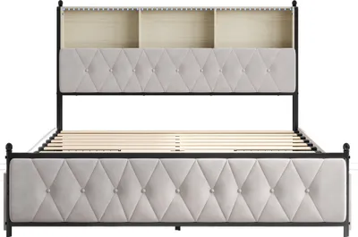 Produktbild von CDGlobal Polsterbett mit USB und Typ C, Metallbett, Stauraumbett Jugendbett LED Doppelbett mit 4 Schublade, Samt, 180x200cm