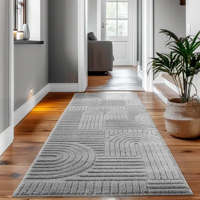 Produktbild von Hochflor Teppich Wohnzimmer Küchenteppich Schlafzimmer Flur Skandi Boho Teppich 3D Design Flauschig Weich , Größe : 80 x 250 cm , Farbe : Silber