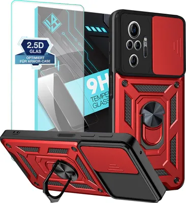 Produktbild von Armor Handyhülle für Xiaomi Redmi Note 10 Pro mit 9H Displayglas Displayschutz Kameraschutz Handy Panzer Case Cover Schutzhülle Outdoor Farbe: Rot