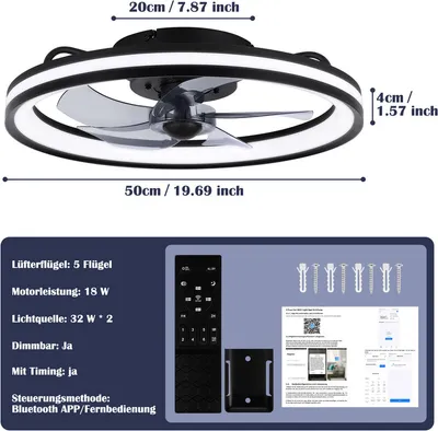 Obrázek produktu pro Stropní ventilátor Jopassy s osvětlením a dálkovým ovládáním Stropní lampa stmívatelná černá