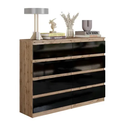 Produktbild von GABRIEL – Kommode / Sideboard mit 8 Schubladen – Eiche Wotan / Schwarz Hochglanz – Höhe 92 cm, Breite 120 cm, Tiefe 33 cm