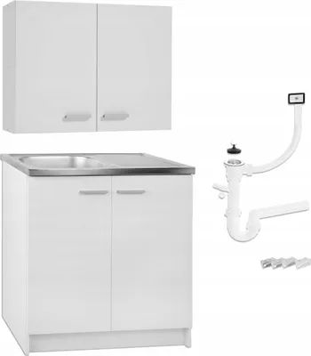 A white kitchen cabinet set with a sink and plumbing parts.