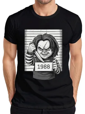 Productafbeelding van Chucky, de moordmachine-pop, 1988, horror, politiefoto, killer-pop, cult, heren T-shirt, zwart, maat M