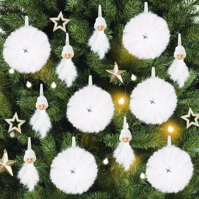 12 weiße Federanhänger für Weihnachtsbaum – Schneeflocken & Engel
