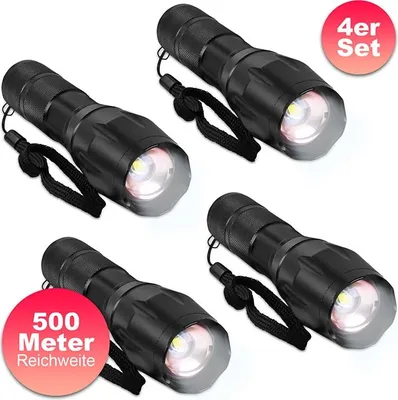 Image de Lampe de poche LED, set de 4, 5 fonctions d'éclairage, fonctionne sur piles, aluminium, Eaxus