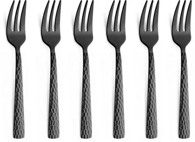 Productafbeelding van Ibenzoa® Set van 6 taartvorken – 15,6 cm, roestvrij staal, zwart PVD-coating, gehamerd en hoogglanz gepolijst
