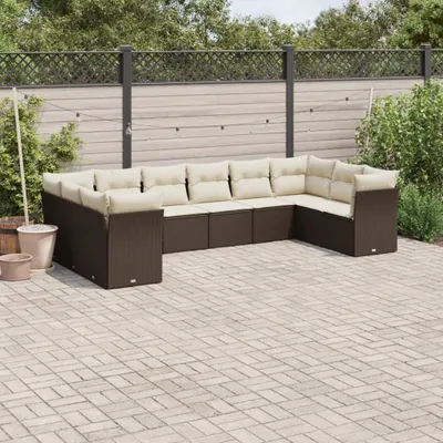 Image de vidaXL Ensemble de salon de jardin 10 pièces avec coussins Marron Poly Rattan