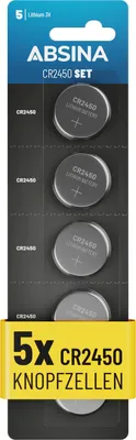 Produktbild von ABSINA CR2450 Knopfzelle 5er Pack - CR 2450 3V Knopfzellen auslaufsicher & mit langer Haltbarkeit
