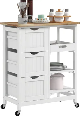 Image de Chariot de cuisine - Chariot de service - 3 tiroirs - Plateau amovible - 67 x 37 x 85,5 cm - Blanc - À monter soi-même