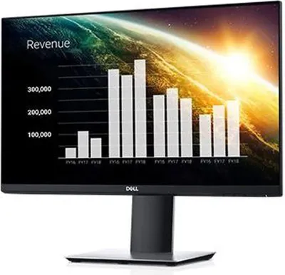 A Dell monitor displaying a bar graph with a background image of Earth from space.