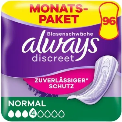 Packaging for Always Discreet sanitary pads.