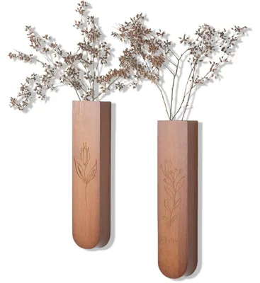 Produktbild von Holz-Wandvasen Set 2 Stück 29,5 cm Braun mit Blumengravur für Trockenblumen