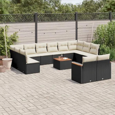 Produktbild von Design 13-tlg. Garten-Sofagarnitur mit Kissen Schwarz Poly Rattan, Gartenmöbel-Sets 2024 Neu