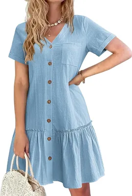 Image de ASKSA Robe d'été femme Bouton Down Robe en lin Robe de plage Casual Col V Mini-robe manches courtes Robe A-Line Robe à volants (Bleu clair,XXL)